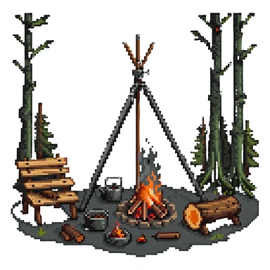 bushcraft wilderness campfire with tripod cooking setup and log seats sticker