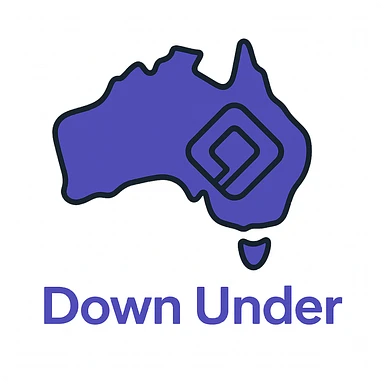 Add the wording 'Down Under' in a clean, modern font below the map of Australia with the official Microsoft Power Pages icon overlay. Use #403DAD as the main color, no digital web overlay sticker