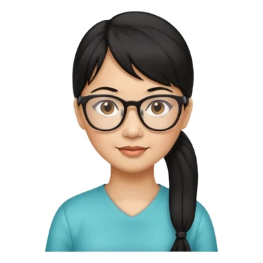 filipino woman black hair in one pony tail with straight bangs and big glasses, 50 yr old sticker