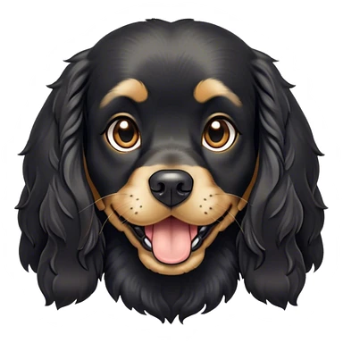 Cinematic Comical Black Cocker Spaniel Portrait Emoji, Head tilted dramatically with an exaggeratedly amused expression, featuring a shiny black coat with noticeable tan accents, wide, expressive dark eyes filled with playful disbelief, Simplified yet hilariously expressive features, highly detailed, glowing with a slightly sassy glow, high shine, dramatic yet playful, stylized with an air of cheeky mischief, bright and endearing, soft glowing outline, capturing the essence of a spirited and over-the-top companion, so meme-worthy it feels like it could side-eye its way into internet fame instantly! sticker