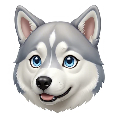 Cinematic Cute Siberian Husky Portrait Emoji, Head tilted playfully and inquisitively, featuring a lush grey and white coat with striking accents, round, sparkling icy blue eyes filled with curiosity, Simplified yet irresistibly adorable features, highly detailed, glowing with a crisp, friendly glow, high shine, affectionate and lively, stylized with a touch of whimsy, bright and endearing, soft glowing outline, capturing the essence of a mischievous yet loving pup, so playful it feels like it could dash out of the screen and into your arms! sticker