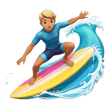 cute surfer riding big ocean waves, dynamic action pose, splash water, colorful surfboard, tropical vibe, 3D cartoon, mobile game icon style, bright colors, soft shadows, clean background, no text, no watermark sticker