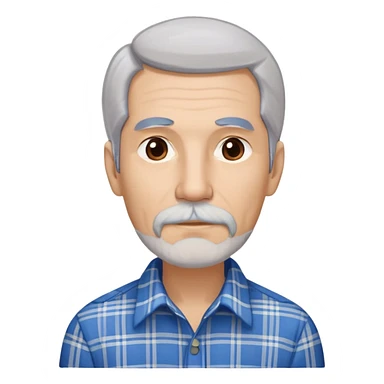 Thin older Hispanic man with light complexion. Elongated slim face with wise expression. Relaxed brown eyes. Long straight fine gray-white hair that covers the ears with soft fringe in front. White mustache connected to chin beard. Lean physique. Wearing a beige and blue plaid long-sleeved shirt. sticker