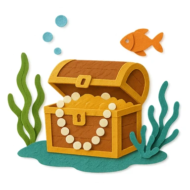 treasure chest underwater with pearls, seaweed, and fish, layered paper effect in paper-craft style sticker