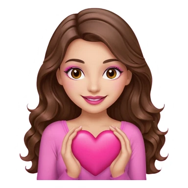 girl with long wavy brown hair, brown eyes, long lashes makeup, sexy pink lips, light to medium complexion, wearing a pink sexy top, smiling, holding a big heart sticker