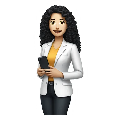 corporate white woman, long black curly hair, with a phone sticker