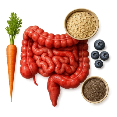 intestino umano anatomico infiammato al centro con carota, bowl di avena, mirtilli, bowl di semi di chia che gli fluttuano intorno , iperrealistico 4k sticker