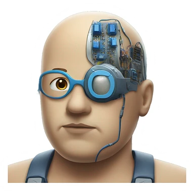 Fat bald cyborg head with tan skin, blue beard, blue goggles and circuits sticker
