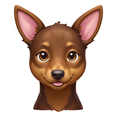 Cinematic Cute Brown and Tan Kelpie Portrait Emoji, Head tilted playfully and inquisitively, featuring a glossy brown Fur with vibrant tan accents, round, sparkling warm eyes filled with curiosity, Simplified yet irresistibly adorable features, highly detailed, glowing with a warm, friendly glow, high shine, affectionate and spirited, stylized with a touch of whimsy, bright and endearing, soft glowing outline, capturing the essence of a mischievous yet loving herder, so playful it feels like it could leap out of the screen and into your arms! sticker