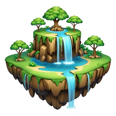a 2d smooth not too dertailed cartoon floating island emoji with waterffalls of the sides sticker