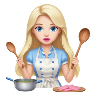 Cinematic realistic beautiful blonde with long hair, blue eyes and pink lips in a white dress cooks sticker