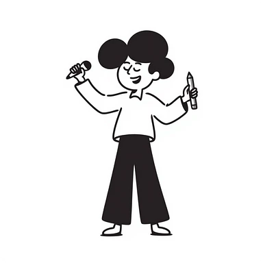 joyful singer with big smile holding a microphone in left hand and pencil in right hand sticker