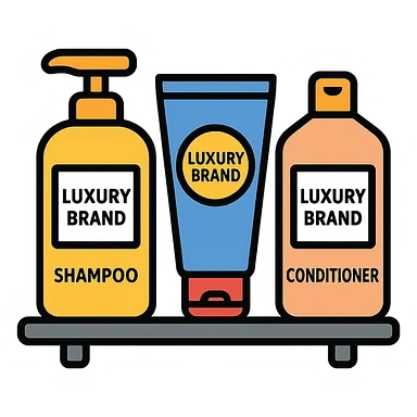 Shampoo bottle, color tube, and conditioner standing on a shelf, products are luxury brand-labeled sticker