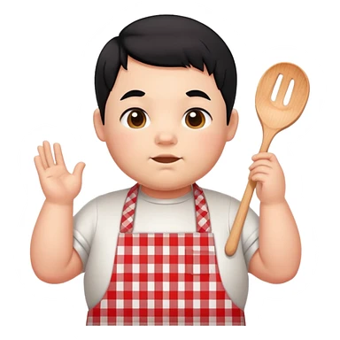 chubby boy with black hair styled upward in front, wearing a red and white checkered plaid apron sticker