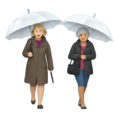 Two middle-aged women walking in heavy rain with umbrellas sticker
