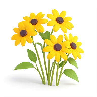 three yellow rudbeckia flowers with green leaves, 3D iOS style, soft shadows, realistic highlights, white background sticker