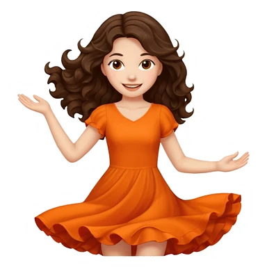 Long dark wavy hair women in orange standing twirling around sticker