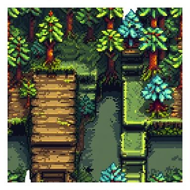 forest level with trees, platforms, and hidden paths in pixel art style sticker