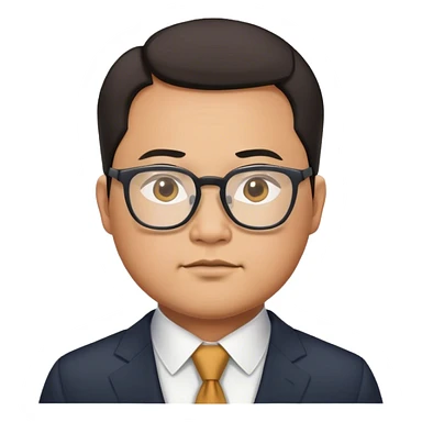 A slightly fat Asian man wearing a suit and glasses with a strong aura sticker