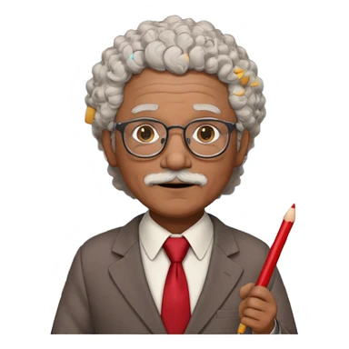 old man teacher, brown skin, curly grey white hai, wearing glasses, brown suit, red tie hold chalk on hand sticker