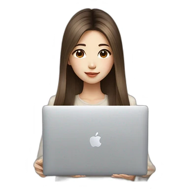 brown balayage straight long Hair korean girl with macbook sticker