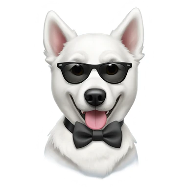 All-White husky dog wearing sunglasses and a bow tie sticker