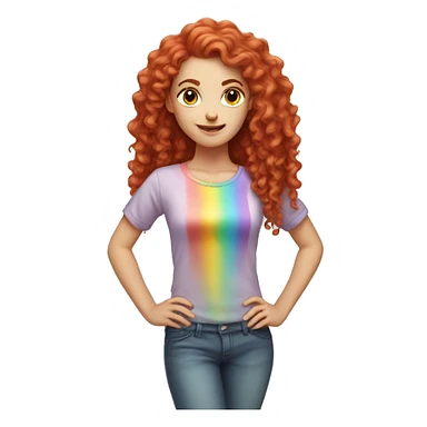 white girl with long red curly hair, wearing a pastel rainbow shirt doing a pose sticker