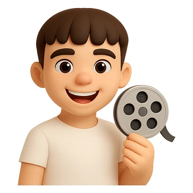 Make the character look happier and with a lighter skin tone, keeping the same 3D cartoon style. Keep the film reel and white shirt. Preserve the transparent background. sticker