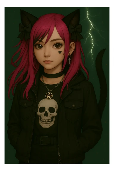 Edit the image to have a small, clear heart face tattoo under her left eye. Keep the modern streetwear outfit, emo style, pink hair, dark magical accessory, sparkles, stormy background, and normal face. Render in a realistic anime style. sticker