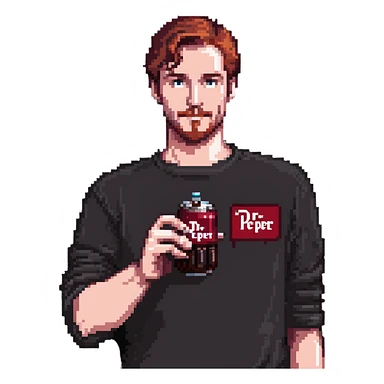 Charles Alderton holding a Dr Pepper sticker