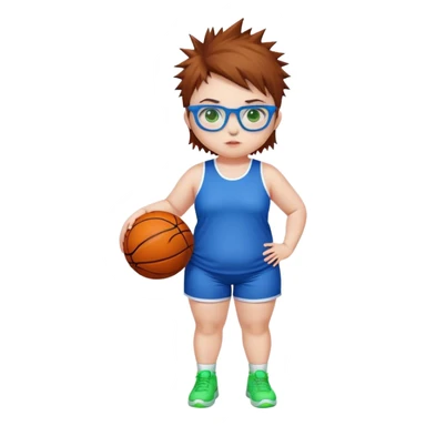Full Body white chubby Girl with basketball spikey short brown hair  wearing blue glasses with green eyes sticker