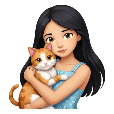 A beautiful girl with long black hair wearing a sun dress hugs a calico sticker