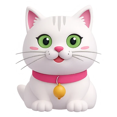 Edit the image of a white cat with a pink collar and a yellow bell on the collar. Change the cat's eyes to green. Remove the background so it is transparent. Maintain the style and details of the original image. sticker