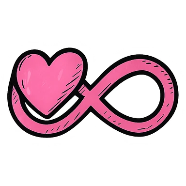 hand-drawn style pink infinity symbol with clear bold outlines, expressive stylized shadows and highlights, simple heart shape integrated as part of the infinity loop, heart forms one of the loops or is seamlessly woven into the symbol sticker