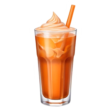 Cinematic Realistic Thai Ice Tea Drink Emoji, depicted as a chilled glass of sweet, creamy iced tea rendered with vivid textures and refreshing, dynamic lighting. sticker