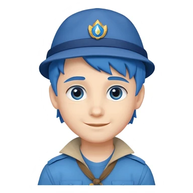 very handsome boy big blue eyes, scout boy with, blue hair and hat sticker