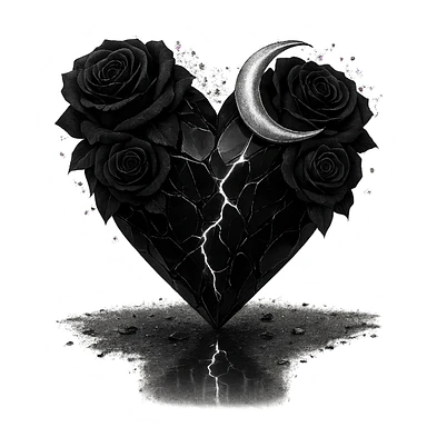 Edit the gothic heart to be formed from splintered deep black glass, silver crescent moon, black roses, sparkling holographic stardust, neon lightning, and a wet, reflective surface. Keep the background transparent. sticker