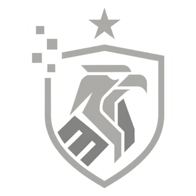 bold minimalistic logo for defense intelligence agency, stylized eagle in geometric form with shield digital pixel accents single star, dark blue gray metallic silver, clean lines futuristic easily recognizable sticker