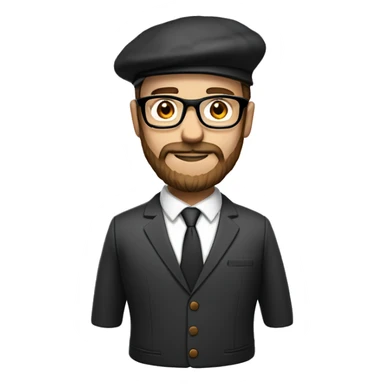 man, long brown beard, white skin, suit, brow shoes, glasses, beret hat sticker