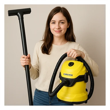 white girl with brown hair holding a Karcher vacuum cleaner, style 2 sticker