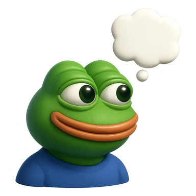 make a pepe in bright green smiling with thought bubble looking at left side in 3d style, good highlights and shadows, drop shadows sticker