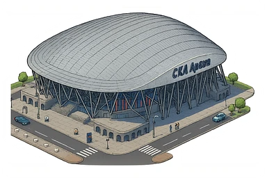 Изометричная, яркая, детализированная и фотореалистичная иллюстрация стадиона СКА Арена. В стиле 3D-коллажей городов, насыщенные цвета, аккуратные и чёткие линии, мультяшно-реалистичная стилистика. Чёткие контуры, не размазанные линии, высокое качество, прозрачный фон, не обрезать края картинки sticker