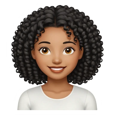 a young woman.She has voluminous, curly black hair that frames her face beautifully. Her skin tone is black light and glowing, and she has a subtle, natural makeup look. She’s smiling softly at the camera. She is wearing a white top sticker