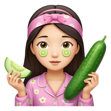 angelic asian girl doing skin care in pink pajamas, with a headband and cucumber slices on her eyes sticker