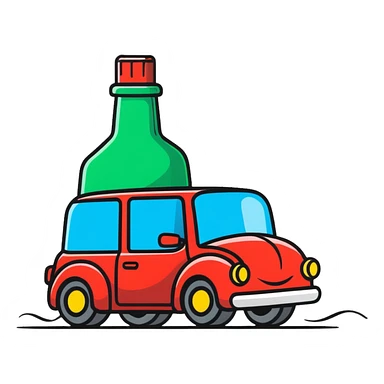 cartoonish icon of a car with wobbly motion lines and a bottle, representing drunk driving sticker