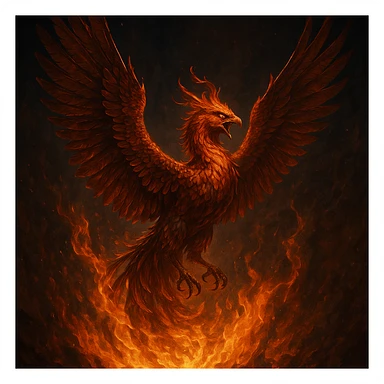 a fierce phoenix rising from flames, dramatic lighting, detailed plumage sticker