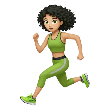 a woman with olive skin tone and curly black hair wearing green and running fast sticker