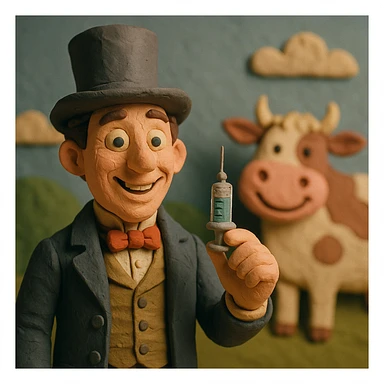 A Victorian doctor holding up a vaccination with a smiling face with a cartoon happy cow in the background sticker