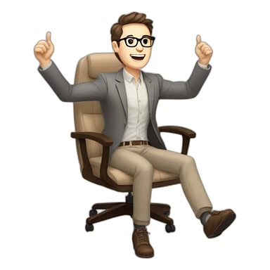 Joyful Celebrating victory Hands up Pale skinned Fit Man With dark brown hair in gray jacket, beige office shirt, Brown pants and vintage glasses sitting In a soft chair sticker