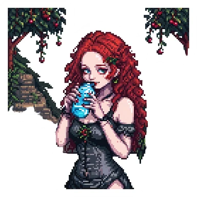 goth girl with red cherry curly hair drinking water, pixel art style sticker